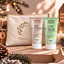 Charger l'image dans la galerie, Coffret cadeau de deux crèmes corps bio à l'Aloe Vera et à la Propolis avec trousse en coton biologique.