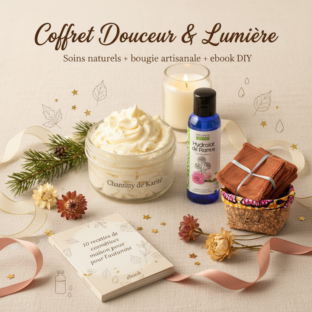 Coffret cosmétique naturel MissBak avec chantilly de karité, eau florale de rose, bougie végétale et ebook DIY