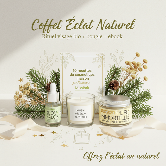 Coffret beauté bio MissBak avec sérum aloe vera, crème immortelle, bougie artisanale et ebook cosmétique maison