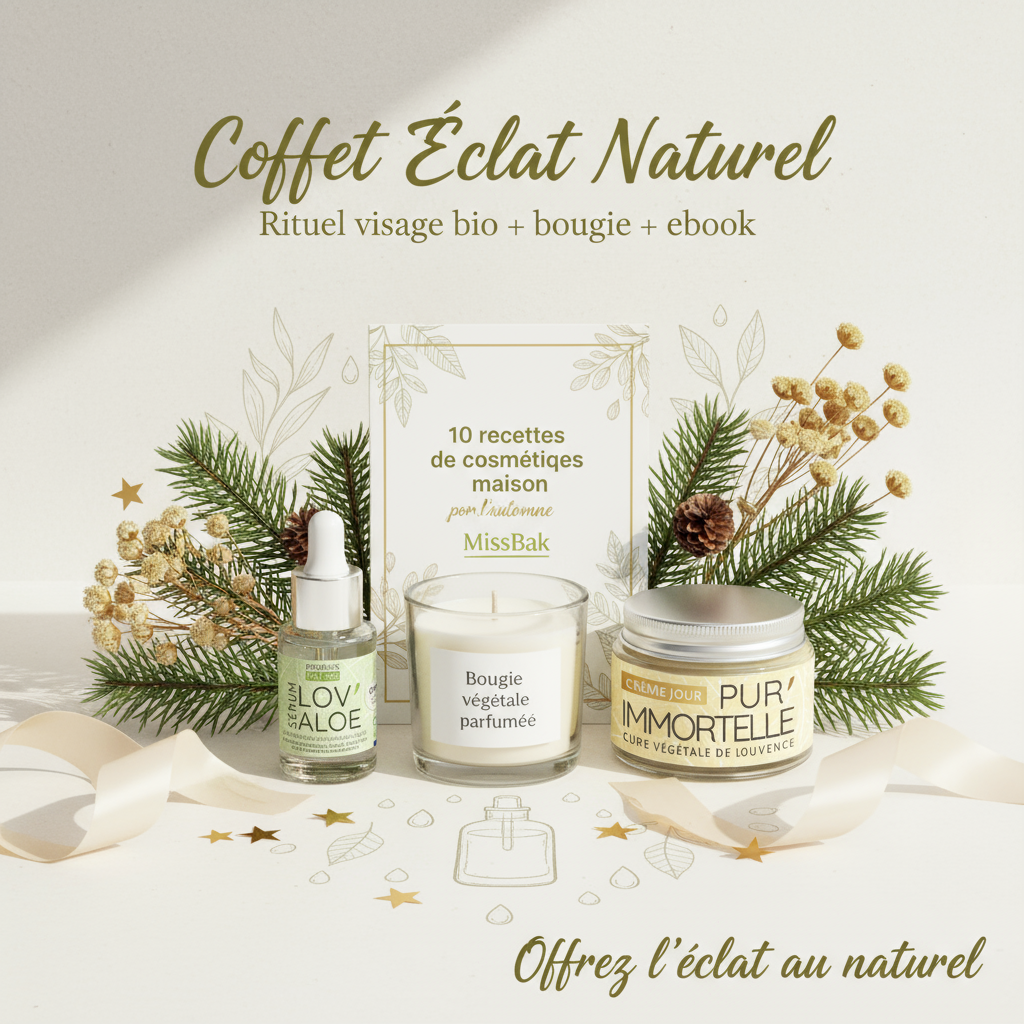 Coffret beauté bio MissBak avec sérum aloe vera, crème immortelle, bougie artisanale et ebook cosmétique maison